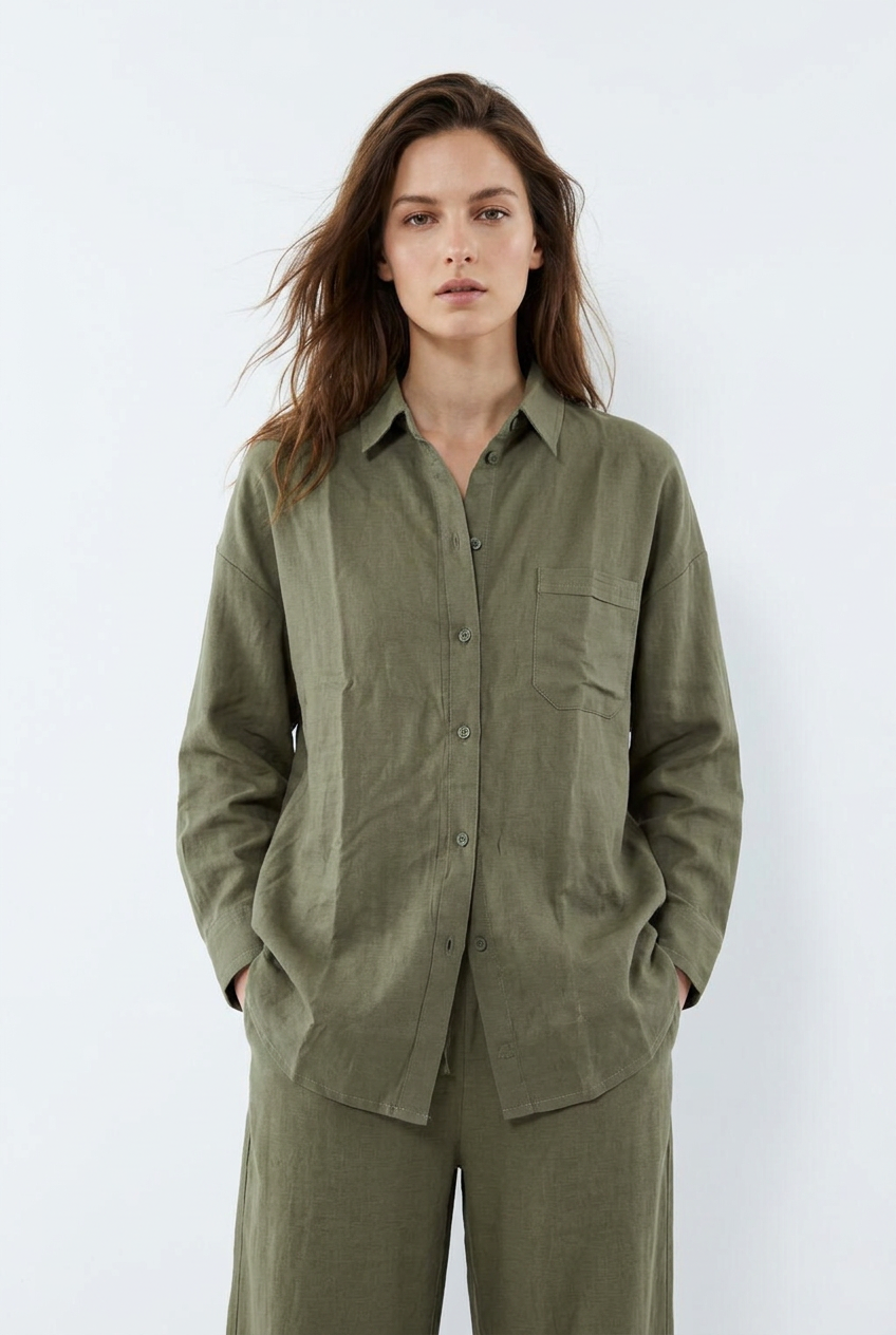 Women linen shirt - Olive Green
