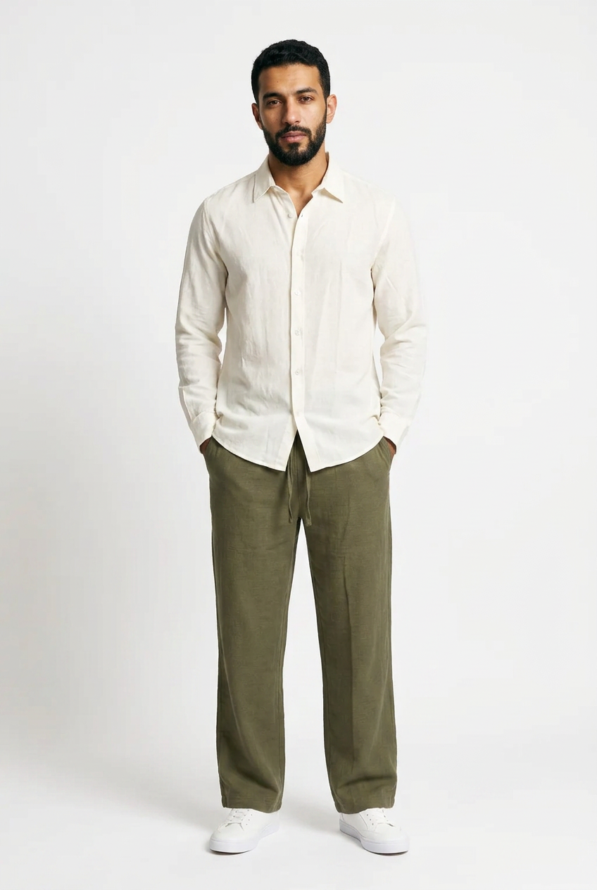 Men Linen Pants- Olive Green